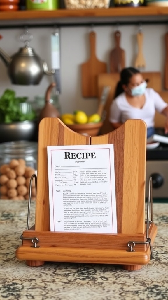 A wooden and metal recipe holder with a colorful recipe card on a kitchen countertop.